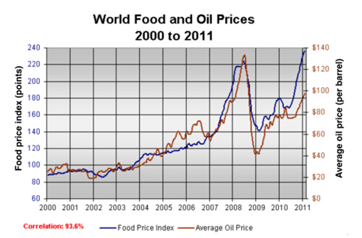 2000–2011年全球食品价格指数与平均每桶石油价格的双纵轴折线图。